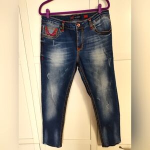 Mondo Men's Jean Unworn Condition Straight Slim Leg Embroidery Sz 34 Inseam 28.5
